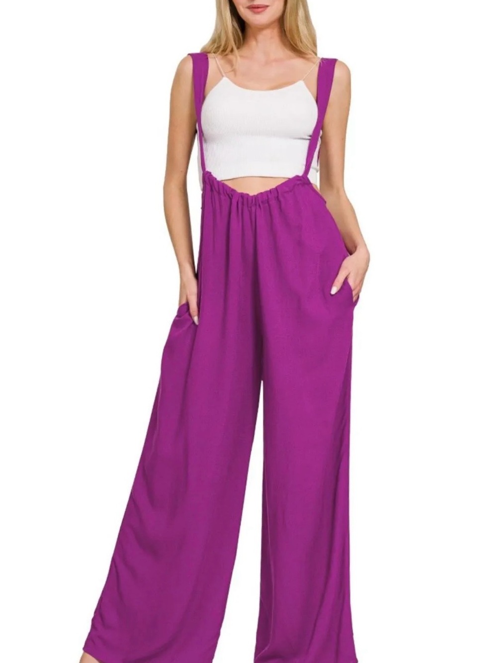 Zenana Outfitters Wide-Leg Suspender Jumpsuit in Magenta